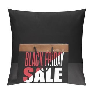 Personality  Close Up View Of Paper Shopping Bag On Black Backdrop With Black Friday Sale And 60 Percents Discount Pillow Covers