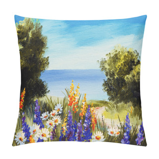 Personality  Oil Painting Flowers Near The Sea, Camomile Field Pillow Covers