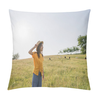 Personality  Happy Child Adjusting Straw Hat And Looking Away In Scenic Meadow Near Grazing Flock Pillow Covers