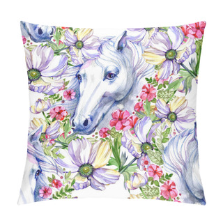 Personality  Seamless Pattern With Horses And Flowers. For Designing Party Invitations, Greeting Cards, Flyers, Covers, Kids Wearing, Bedding, Giftware. Girls Background Isolated On White. Pillow Covers