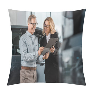 Personality  Adult Man And Female Car Dealer With Contract Standing At Showroom Pillow Covers