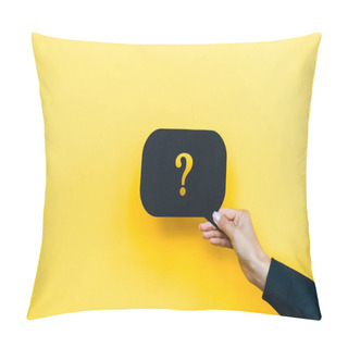 Personality  Cropped View Of Woman Holding Black Speech Bubble With Question Mark On Orange  Pillow Covers