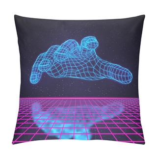 Personality  Retro 80s Futuristic Deep Space Design. Human Hand Hovering Over Laser Grid With Reflection Pillow Covers