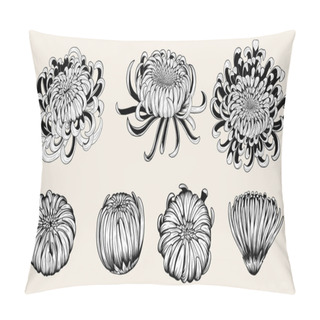 Personality  Chrysanthemum Vector On Brown Background.Chrysanthemum Flower By Hand Drawing.Floral Tattoo Highly Detailed In Line Art Style.Flower Tattoo Black And White Concept. Pillow Covers