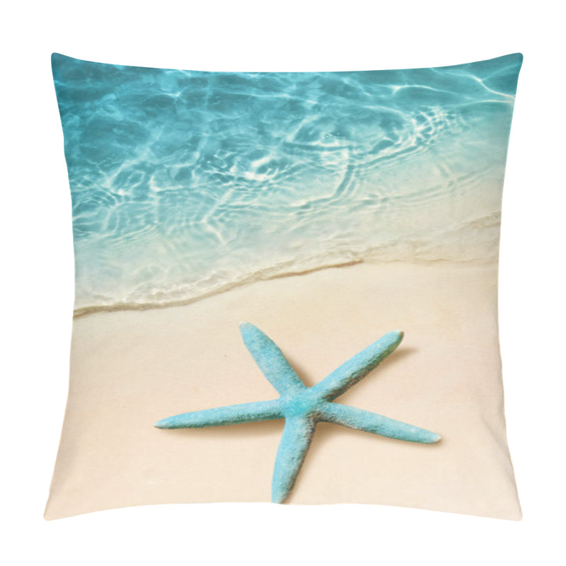 Personality  Starfish on the sand beach and ocean as background. Summer beach pillow covers