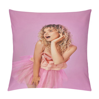Personality  Lovely Amazed Woman In Pink Tooth Fairy Attire Posing With Hand Raised To Cheek And Looking Away Pillow Covers
