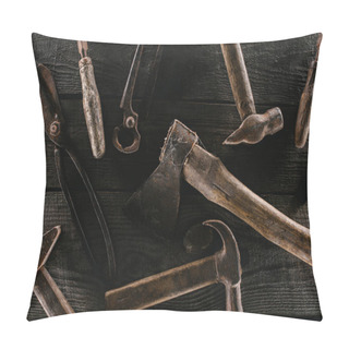 Personality   Flat Lay With Arrangement Of Vintage Rusty Carpentry Tools On Wooden Tabletop Pillow Covers