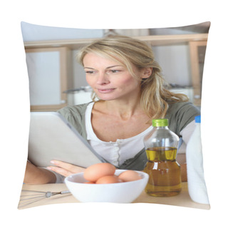 Personality  Woman In Kitchen Looking At Dessert Recipe On Internet Pillow Covers