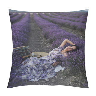 Personality  Fashion Outdoor Photo Of Beautiful Woman With Blond Hair In Elegant Dress And Accessories Having Picnic In Blooming Lavender Field Pillow Covers