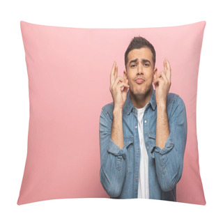 Personality  Handsome Man With Facial Expression And Crossed Fingers Looking At Camera On Pink Background Pillow Covers