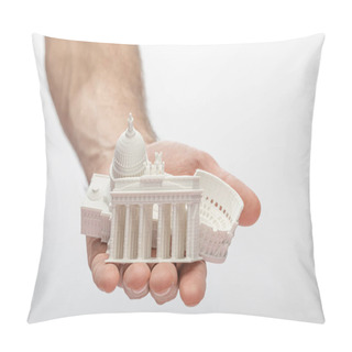 Personality  Cropped View Of Man Holding Souvenirs From Different Countries Isolated On White  Pillow Covers