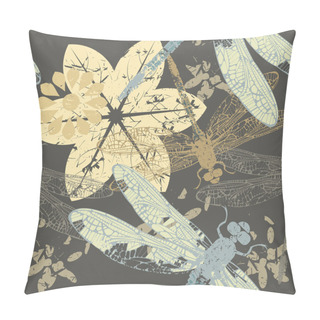 Personality  Seamless Autumn Pattern With Flowers And Dragonfly's Pillow Covers