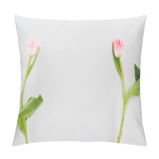 Personality  Top View Of Two Pink Tulip Flowers Isolated On Grey With Copy Space Pillow Covers