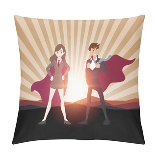 Personality  Man And Women Superhero With Sunlight. Pillow Covers
