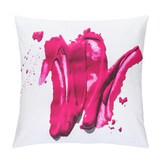 Personality  Top View Of Pink Lipstick Brushstrokes On White Background Pillow Covers