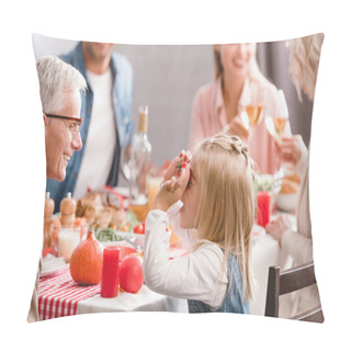 Personality  Selective Focus Of Smiling Grandfather Playing With Granddaughter In Thanksgiving Day    Pillow Covers