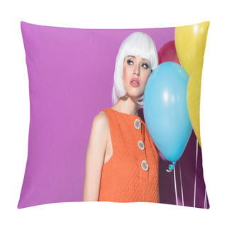 Personality  Gorgeous Girl In White Wig Holding Air Balloons And Looking Away On Purple Background Pillow Covers