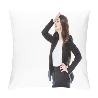 Personality  Stressed Businesswoman In Suit With Hand On Hip Touching Head Isolated On White Pillow Covers