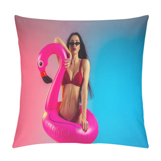 Personality  Fashion Portrait Of Young Fit And Sportive Woman With Rubber Flamingo In Stylish Red Swimwear On Gradient Background. Perfect Body Ready For Summertime. Pillow Covers