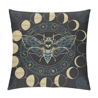 Personality  Hand-drawn Scary Butterfly Moth Dead Head On The Background Of Magical Symbols And Zodiac Signs, Moon Phases In A Circle. Witchcraft, Occult Attributes, Alchemical Signs. Pillow Covers