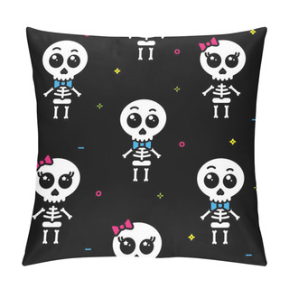 Personality  Cute Kawaii Skeleton Boy And Girl Seamless Pattern With Black Background Pillow Covers