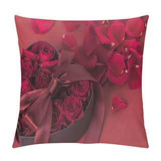 Personality  Close Up View Of Roses In Heart Shaped Gift Box With Ribbon And Petals Isolated On Red, St Valentines Day Holiday Concept Pillow Covers