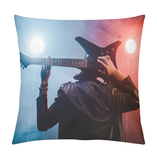 Personality  Rear View Of Male Musician In Leather Jacket Playing On Electric Guitar Behind Head On Stage Pillow Covers