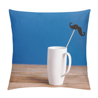 Personality  White Cup And Black Decorative Paper Fake Mustache On Wooden Surface Isolated On Blue Pillow Covers