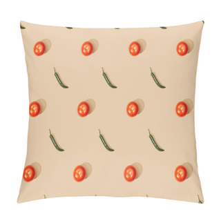 Personality  Top View Of Tomatoes And Jalapenos On Beige Background, Seamless Pattern Pillow Covers