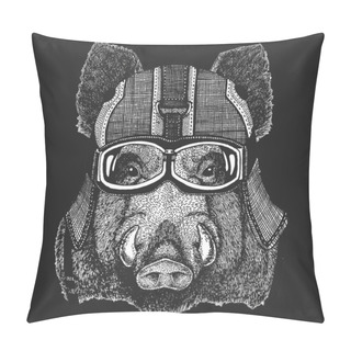 Personality  Portrait Of Wild Hog, Boar, Pig. Vintage Motorcycle Leather Helmet. Face Of Brave Animal. Pillow Covers