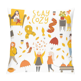Personality  Bright Collection Of Autumn Stickers With Young Women Or Girls Dressed In Cozy Clothes. Set Of Cute Autumn Cartoon Illustrations. Fall Season. Collection Of Scrapbook Elements  Pillow Covers