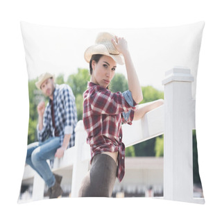 Personality  Cowboy Style Girl Posing On Ranch Pillow Covers