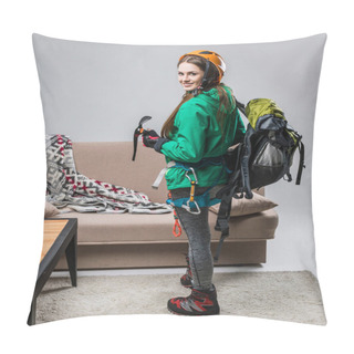 Personality  Beautiful Climber In Helmet With Climbing Equipment At Home Pillow Covers