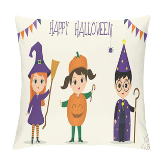 Personality  Halloween Party Kids Characters Set. Children In Colorful Halloween Costumes Witch With Broom, Pumpkin, Stargazer In Cartoon Style. Vector Flat. Pillow Covers