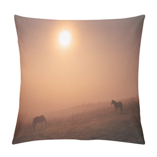 Personality  Horses Grassing Together In Autumn Summer Morning, Calm, Nostalgic Mood, Edit Space Pillow Covers