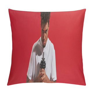 Personality  African American Man In Sportswear Working Out With Dumbbell And Looking At Camera On Red, Banner Pillow Covers