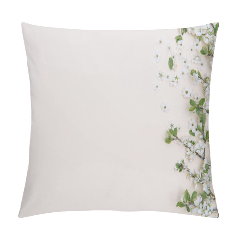 Personality  photo of spring white cherry blossom tree on pastel background. View from above, flat lay, copy space. Spring and summer background. pillow covers