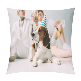 Personality  Selective Focus Of Cute Beagle Dog In Party Cap Near Cheerful Couple With Glasses Of Champagne On Grey Background  Pillow Covers