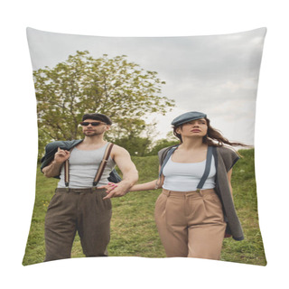 Personality  Stylish Romantic Couple In Newsboy Caps, Suspenders And Vintage Outfits Holding Hands While Standing With Cloudy Sky And Green Field At Background, Trendy Twosome In Rustic Setting, Romantic Getaway Pillow Covers
