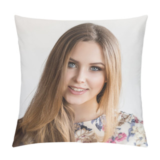 Personality  Portrait Of A Beautiful Smiling Happy Girl  With Blond Hair In A Pillow Covers