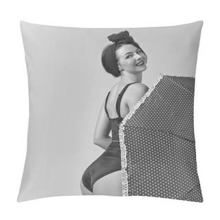 Personality  Middle Age Woman In Black Bikini With Umbrella . Beautiful Woman In Pin Up Style With Perfect Hair And Make Up .Expressive Facial Expressions. Black And White. Pillow Covers