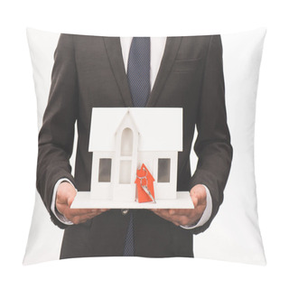 Personality  Cropped Image Of Man Holding Maquette Of House With Key Isolated On White Pillow Covers