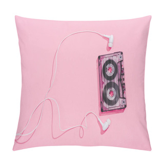 Personality  Top View Of Vintage Audio Cassette With Earphones On Pink, Music Concept Pillow Covers