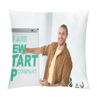 Personality  Handsome And Smiling Businessman Pointing At Flipchart With We Are New Startup Company Illustration Pillow Covers