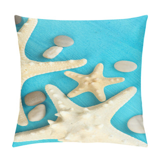 Personality  White Starfishes On Blue Wooden Table Close-up Pillow Covers