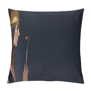 Personality  Side View Of Woman In Egyptian Headdress Holding Crook In Snake Shape On Blue Background, Banner Pillow Covers