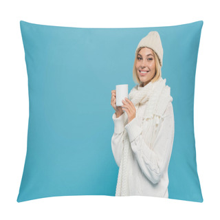 Personality  Joyful Young Woman In White Sweater And Hat Holding Cup Of Coffee Isolated On Blue  Pillow Covers