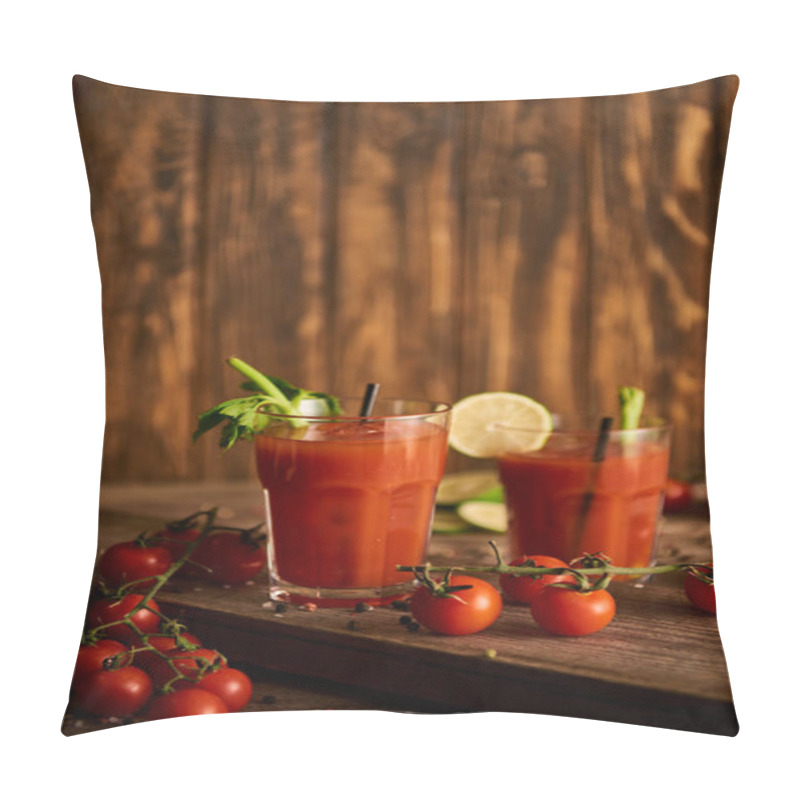 Personality  Selective Focus Of Bloody Mary Cocktail In Glasses On Wooden Background With Salt, Pepper, Tomatoes And Celery Pillow Covers