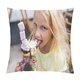 Personality  Portrait Of Adorable Little Child Looking At Camera And Eating Delicious Dessert  Pillow Covers
