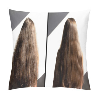 Personality  On A White Background Female Head With Long Hair. Before And After Using A Special Shampoo. Obedient Hair Concept Pillow Covers